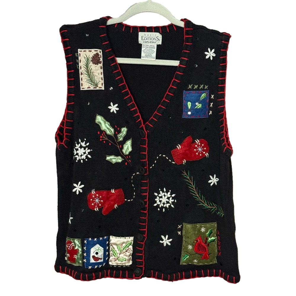 Vintage Basic Editions Holiday Embroidered Patchwork Knit Vest Size XL Winter